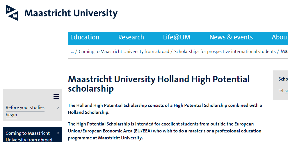 Maastricht University Holland High Potential Scholarship 2017 Netherlands