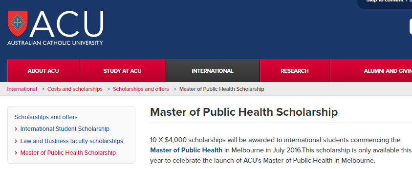 Australian Catholic University Master of Public Health Scholarship,  Australia