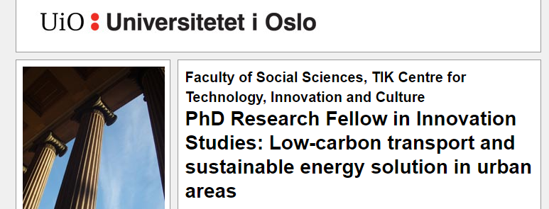 University of Oslo PhD Research Fellow in Innovation Studies, Norway