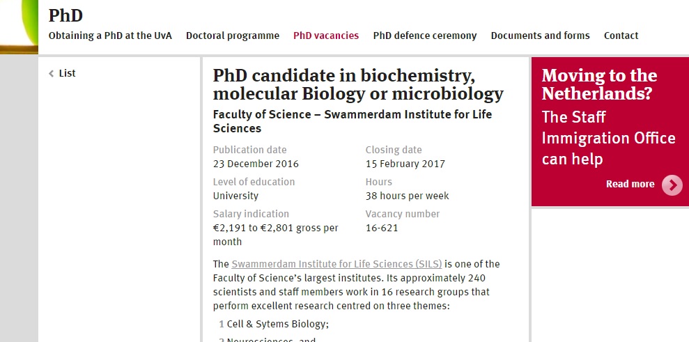 university of amsterdam phd biology