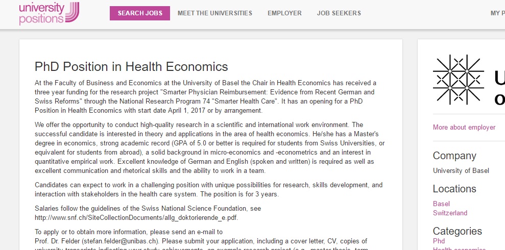 phd health economics switzerland