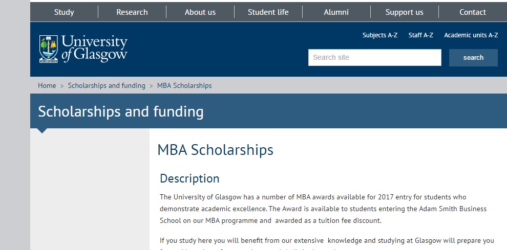 University of Glasgow MBA Scholarships 2017, UK