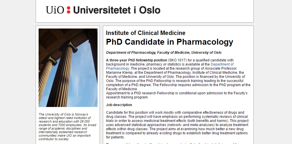 University of Oslo PhD Candidate in Pharmacology 2017, Norway