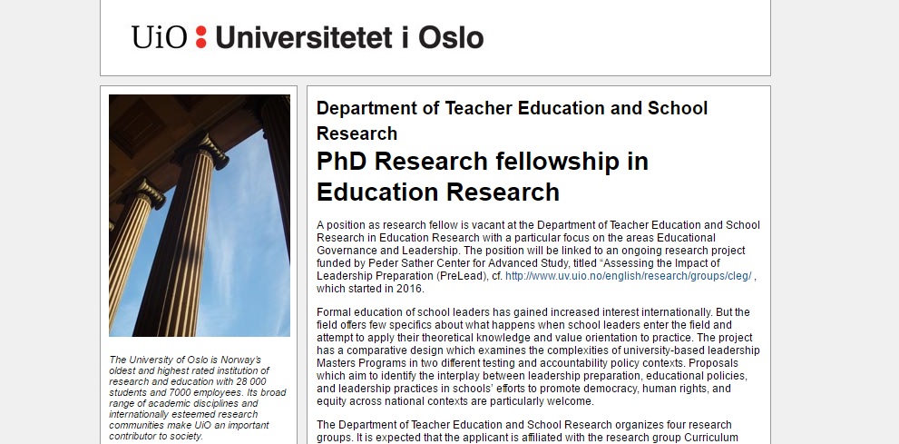 University of Oslo PhD Research Fellowship in Education Research 2017,  Norway
