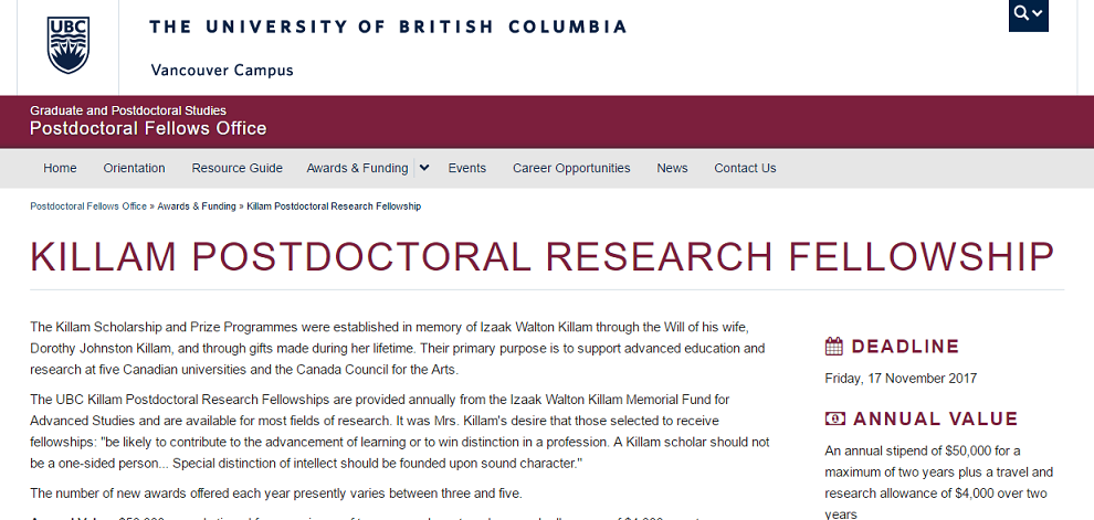University Of British Columbia Killam Postdoctoral Research Fellowships